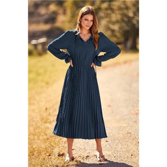 PRETTYGARDEN Women's 2025 Spring Fall Midi Dress Casual Long Sleeve V Neck - Picture 6 of 7